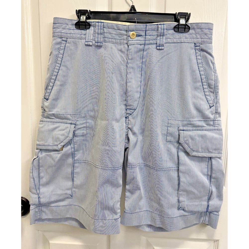 Polo Ralph Lauren Seersucker Cargo Shorts Mens 34 Blue Striped 10" Inseam Preppy